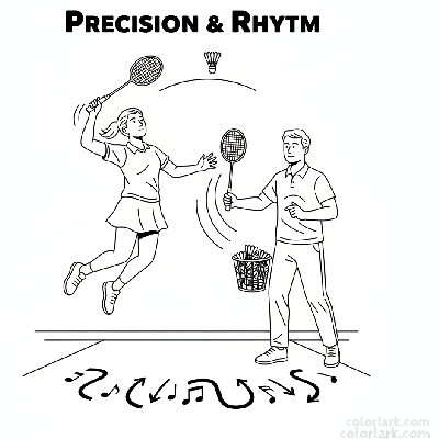 Line art of a girl practicing badminton smash timing with her coach.