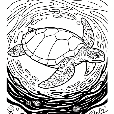 Black and white line art coloring page of a sea turtle diving deep into the dark ocean abyss.