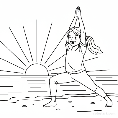 Line art of a young girl in Warrior I yoga pose at a sunrise beach, for coloring.