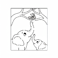 Mother and baby elephants looking up at bird's nest coloring page