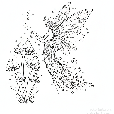 Black and white line art of a graceful garden fairy with delicate wings hovering near a cluster of tall, elegant mushrooms, for coloring.
