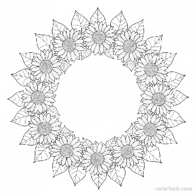 Black and white line art of a circular wreath made of sunflowers and leaves