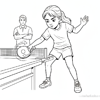 Black and white line art of a girl focusing on brushing the ball sideways for a table tennis sidespin serve.