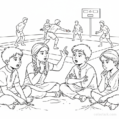Line art of thoughtful Indian children huddled together, discussing the strategy of a Kabaddi National Game.