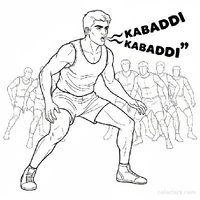 Black and white line art of an Indian Kabaddi player chanting and observing defenders.