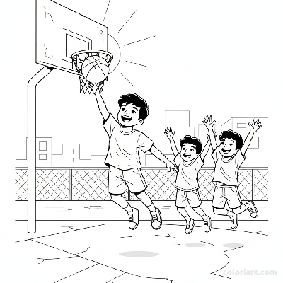 Line art of a joyful Indian child making a layup shot in street basketball, with two friends cheering.