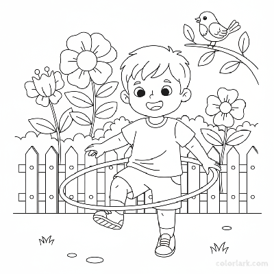 Line art of a preschooler enjoying hula hoop playtime in a garden