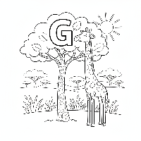 Black and white line art of a tall giraffe reaching for the letter G in a tree.