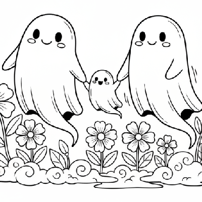 Black and white line art of a charming ghost family taking a gentle stroll through a foggy garden, Halloween coloring page.