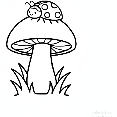 Black and white line art of a friendly ladybug resting on the cap of a single, stout mushroom, for coloring.