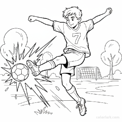 Line art of a young football enthusiast making an explosive kick.
