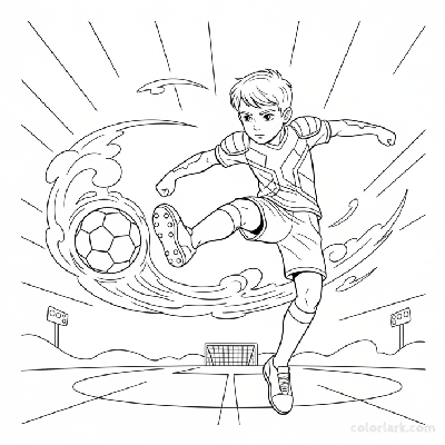Line art of a young boy unleashing a rocket shot in football.