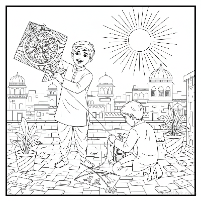 Line art of two Indian boys with intricate kites on a rustic Indian city rooftop, for coloring.