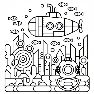 Black and white line art of a deep sea research scene with a submarine, coral reef, and diving helmet, all composed of circles, squares, and triangles.