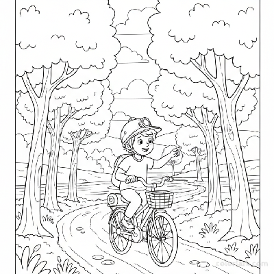 Black and white line art coloring page of a child with a helmet, riding a bicycle on a tree-lined riverside path.