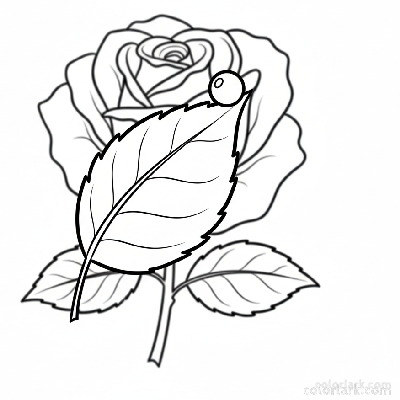 Black and white line art focusing on a rose leaf with a delicate water droplet clinging to its tip