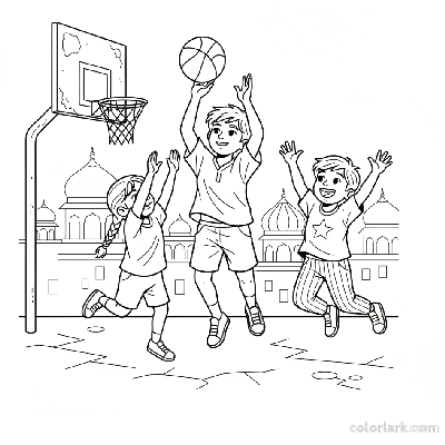 Line art of Indian children playing a street basketball game with friends cheering from the sidelines.