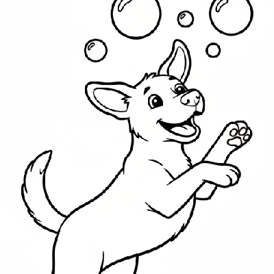 Black and white line art of a happy dog chasing and jumping after floating bubbles, designed for children to color.