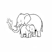 Mother elephant gently blowing air on baby elephant coloring page.