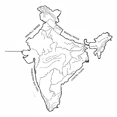 Black and white line art coloring page of India's physical map, showing mountains, rivers, and plateaus without political borders.