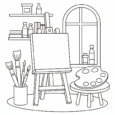 Black and white line art of an art studio creative corner with paintbrushes, an easel, and palettes, all composed of circles, squares, and triangles.