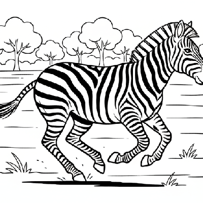Line art of a majestic zebra galloping gracefully across an open grassy plain in a large zoo habitat.