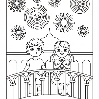 Kids watching a distant Diwali fireworks display from a safe balcony, looking up with awe, black-and-white line art
