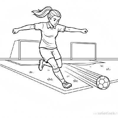 Line art of a girl youth footballer delivering a powerful drive.