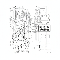 Black and white line art of tourists observing an Indian no entry sign in an old city lane.