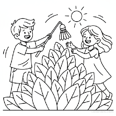 Line art of kids retrieving a badminton shuttlecock from a bush.