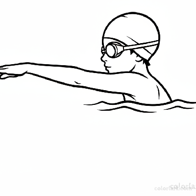 Black and white line art of a child practicing a freestyle catch-up drill in a pool, wearing a swim cap and goggles.