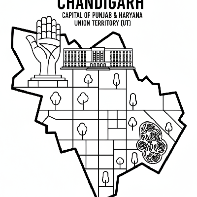 Line art coloring map of Chandigarh Union Territory, featuring the Capitol Complex architecture.