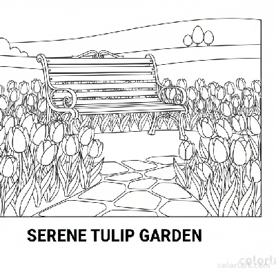 Line art illustration of an empty garden bench overlooking a bed of blooming tulips