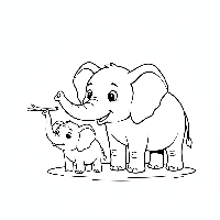 Baby elephant balancing stick on trunk, mother amused coloring page
