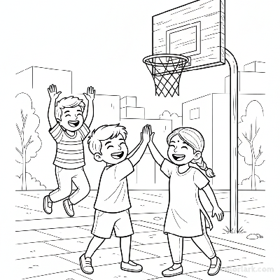 Line art of Indian kids high-fiving after scoring in street basketball, with a friend cheering in the background.