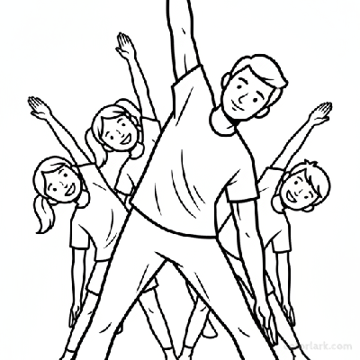 Line art of kids doing Triangle Pose for stretch with a yoga teacher.
