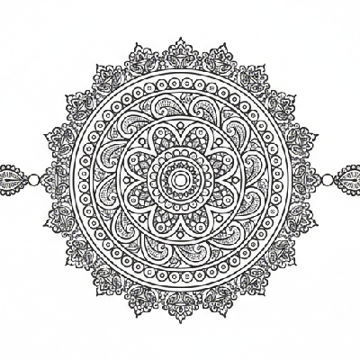 Black and white line art of a vintage filigree Rakhi with delicate, lacelike patterns and fine swirling lines for coloring.