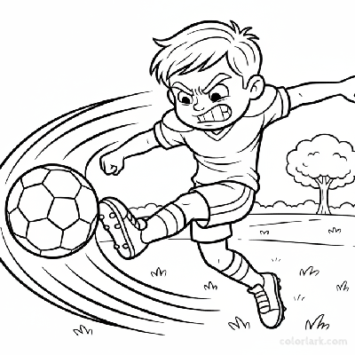 Line art of a young boy football player delivering an intense power kick.