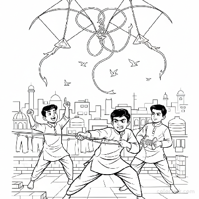 Line art of three Indian boys engaging in a fierce kite battle on an Indian city rooftop, for coloring.