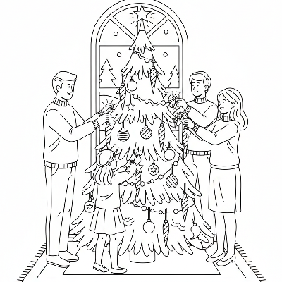 Black and white line art of a family hanging shiny icicle ornaments on a sparkling Christmas tree.