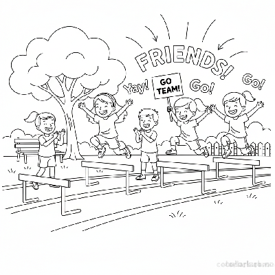 Black and white line art of a group of friends tackling hurdles together on a community track.