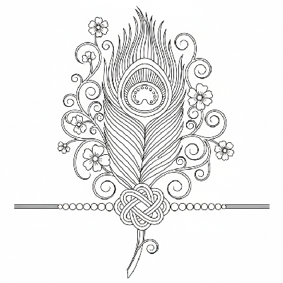 Black and white line art of a highly detailed peacock feather Rakhi with fine textures for expert coloring.