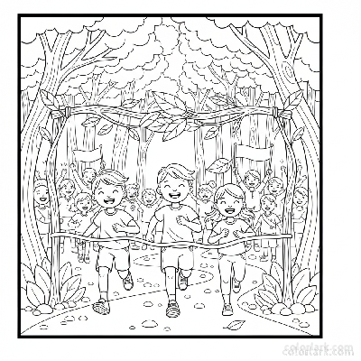 Line art of kids sprinting in a forest fun run to a rustic finish line with a cheering crowd