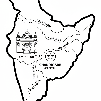 Line art coloring map of Punjab state, featuring the Golden Temple landmark and major rivers like Sutlej and Beas.