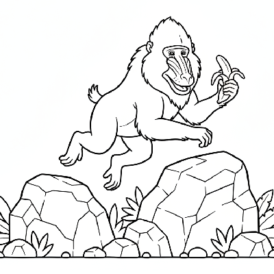 Black and white line art of a Mandrill monkey mid-leap between rocks, holding a partially eaten banana.