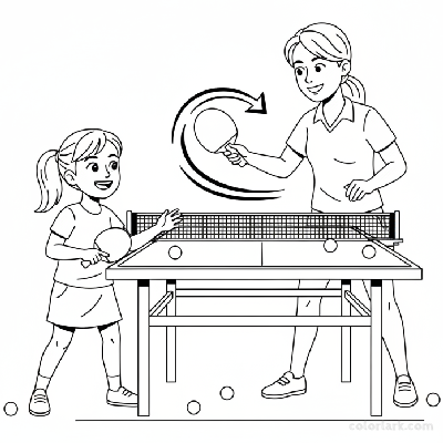 Black and white line art of a young girl learning topspin serve technique from her coach at a table tennis table.