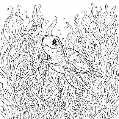 Black and white line art coloring page of a juvenile sea turtle exploring a dense seaweed forest.