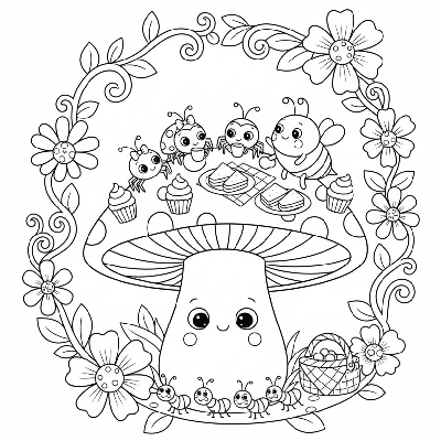 Black and white line art of adorable spiders and bugs having a picnic on a giant mushroom, Halloween coloring page.