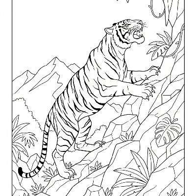 Black and white line art of a majestic Bengal tiger climbing a rocky hillside in an Indian jungle