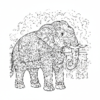 Decorated elephant coloring page with Holi festival elements.